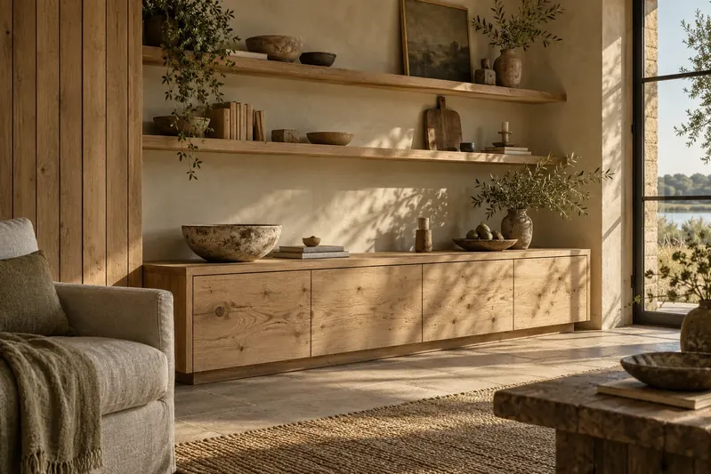 Interieurinspiratie met een houten wand, kast en planken